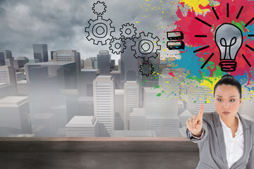 Poster - Composite image of unsmiling asian businesswoman pointing