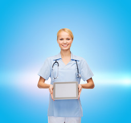 Sticker - smiling female doctor or nurse with tablet pc