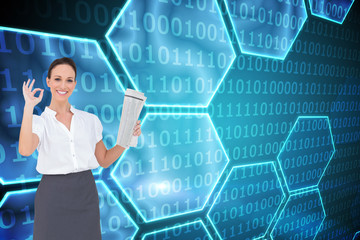Poster - Composite image of stylish businesswoman making gesture while ho