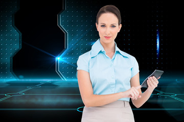 Poster - Composite image of serious classy businesswoman using calculator