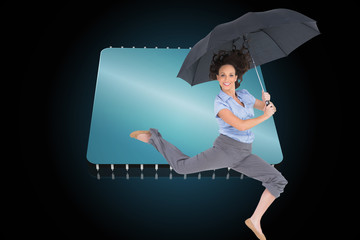 Poster - Composite image of happy classy businesswoman jumping while hold