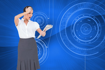 Poster - Composite image of surprised classy businesswoman holding newspa