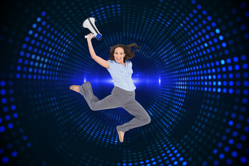 Poster - Composite image of cheerful classy businesswoman jumping while h