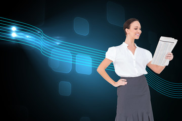 Poster - Composite image of cheerful stylish businesswoman holding newspa