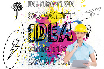 Poster - Composite image of thoughtful attractive architect holding clipb