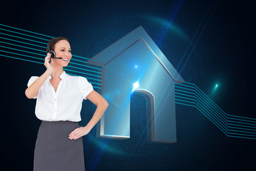 Poster - Composite image of cheerful smart call center agent working