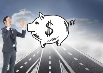 Poster - Composite image of stressed businessman with arms raised