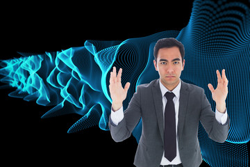 Poster - Composite image of unsmiling businessman with arms raised