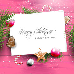 Pink Christmas greeting card with copyspace