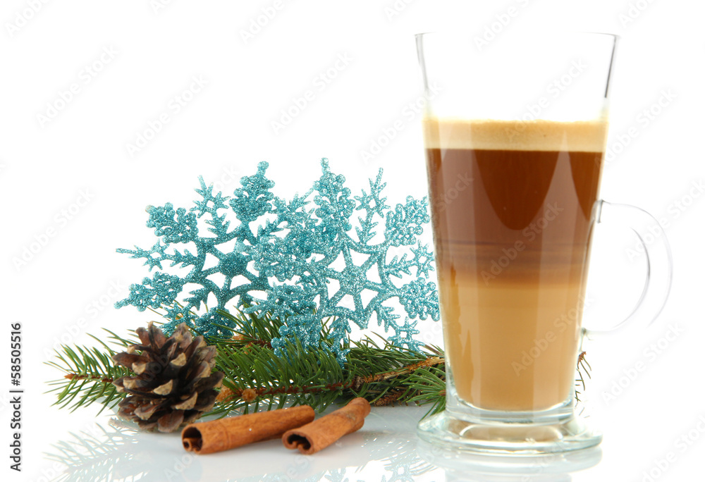 Cup of hot coffee with Christmas decorations isolated on white