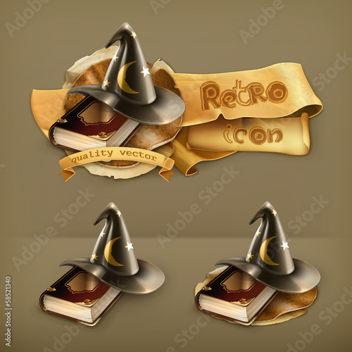 Wizard hat and old book icon