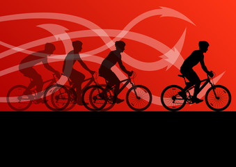 Active men cyclists bicycle riders in abstract arrow line landsc