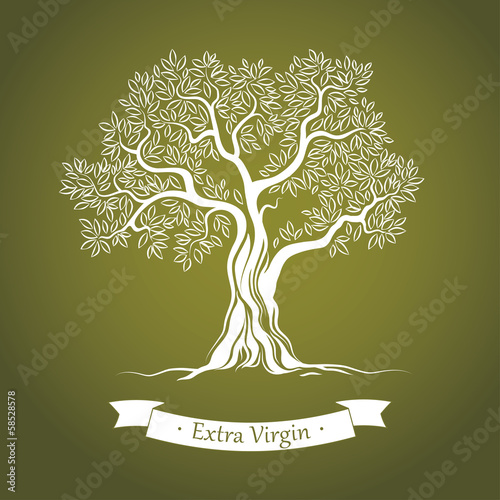 Plakat na zamówienie Olive tree on green paper. Olive oil. For labels, pack.