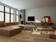 Rustic living room interior with brown couch