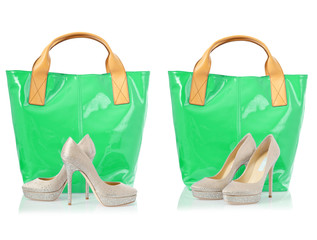 Collage of shoes and bags on white