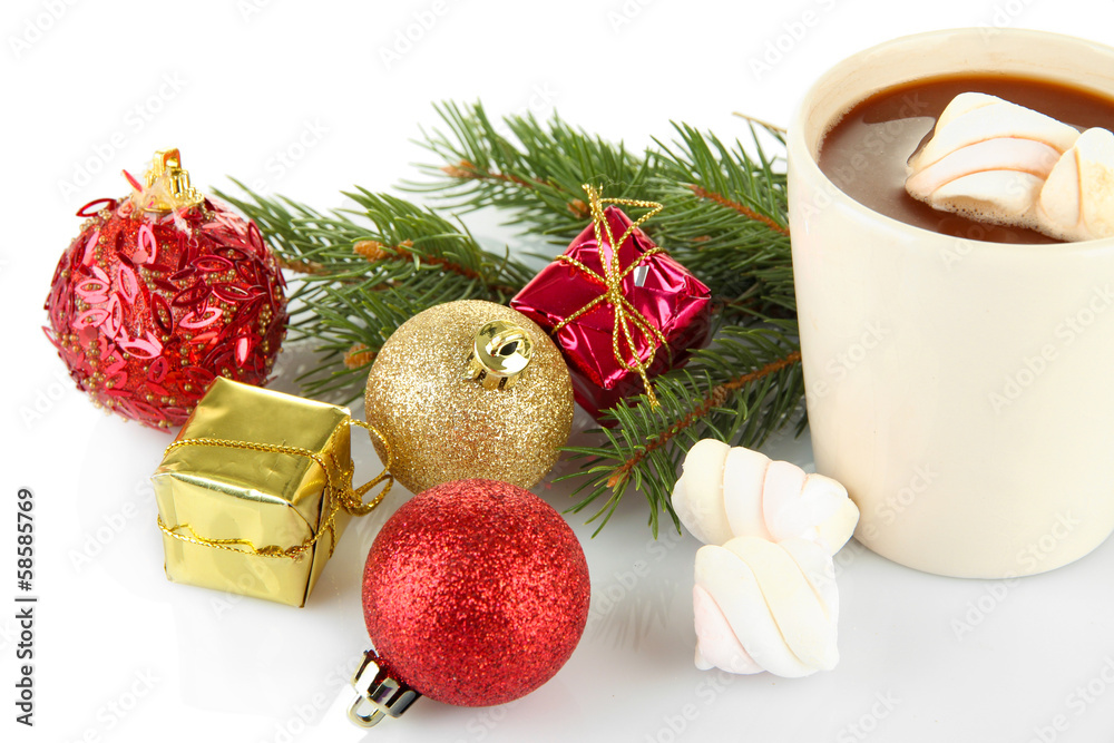 Cup of hot cacao with Christmas decorations isolated on white