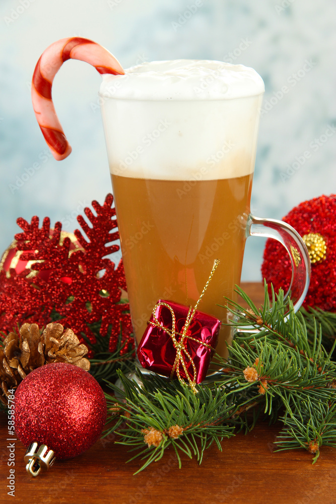 Cup of hot coffee with Christmas decorations