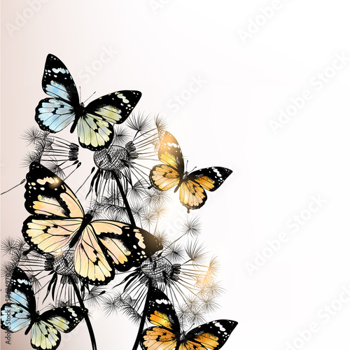 Fototapeta na wymiar Floral background with butterflies and dandelions