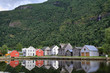 Norwegian houses on the shore of Sognefjord at Laerdal, Norway.