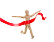 © agusyonok - Wooden figure of a man running a leader winner on a white background with red ribbon. Business, sport. success concept