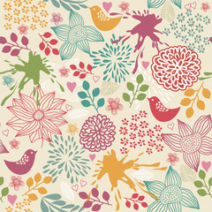 Wall Mural - Seamless colorful floral pattern with birds