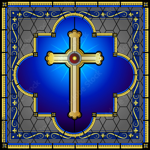 Naklejka na szybę Stained glass cross with patterned background
