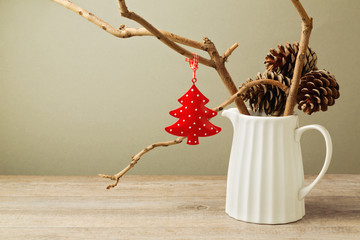 Wall Mural - Winter branches with Christmas decoration tree in white jug