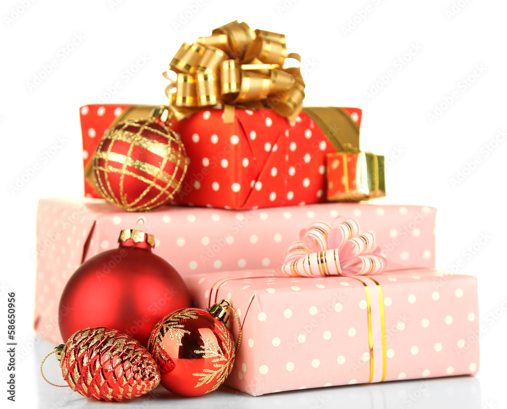 Gifts with christmas decorations, isolated on white