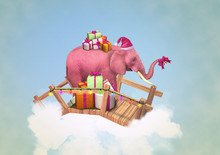 Pink Elephant With Christmas Boxes.  Illustration