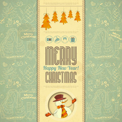 Sticker - Retro Merry Christmas Card with Snowman