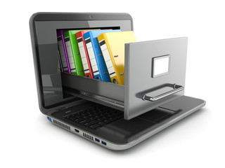 Aufkleber - Data storage. Laptop and file cabinet with ring binders.