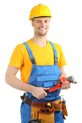 Portrait of young builder isolated on white