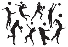Vector Silhouettes Of Women's Beach Volleyball