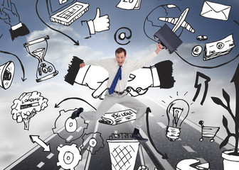 Poster - Composite image of cheerful jumping businessman with his suitcas