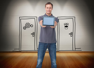 Poster - Composite image of young man showing screen of his tablet comput