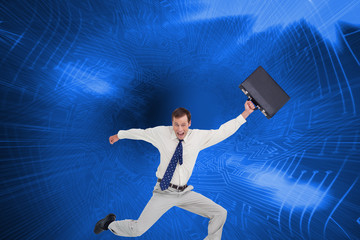 Poster - Composite image of cheerful jumping businessman with his suitcas