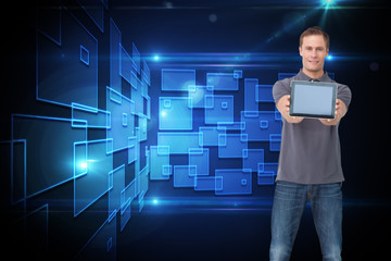 Poster - Composite image of young man showing screen of his tablet comput