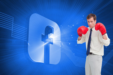 Poster - Composite image of businessman with his boxing gloves ready to f