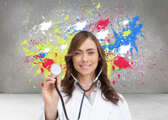 Poster - Composite image of happy doctor using stethoscope