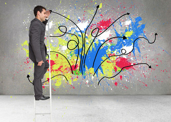 Poster - Composite image of happy businessman standing on ladder