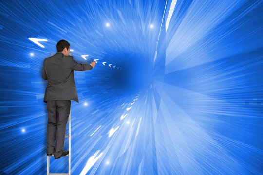 Composite image of businessman standing on ladder