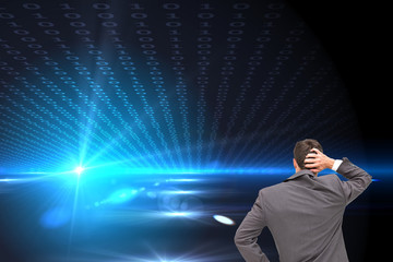 Poster - Composite image of young businessman standing back to camera scr