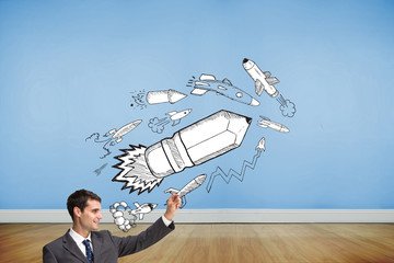 Poster - Composite image of smiling businessman holding something up in t