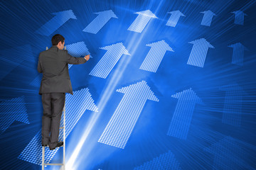 Poster - Composite image of businessman standing on ladder