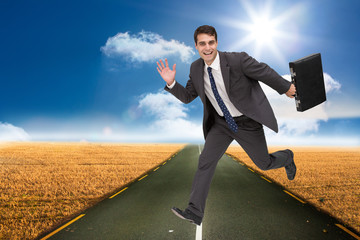 Poster - Composite image of smiling businessman in a hury