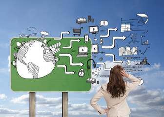 Poster - Composite image of businesswoman standing back to camera with ha