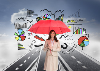 Poster - Composite image of attractive businesswoman holding red umbrella