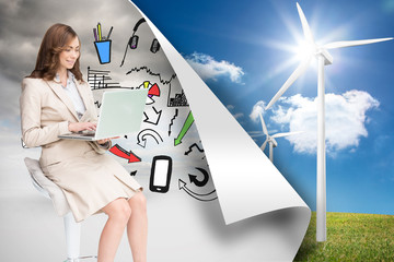 Poster - Composite image of smiling businesswoman sitting and using lapto