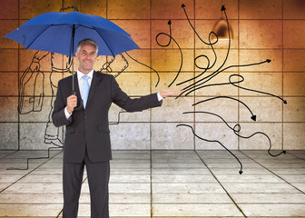 Poster - Composite image of peaceful businessman holding blue umbrella