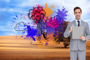 Wall Mural - Composite image of happy businessman holding a clipboard